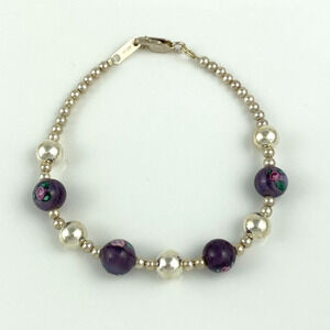 New Women's Sterling Silver 925 Floral Art Purple Glass Beaded Bracelet 7.5"
